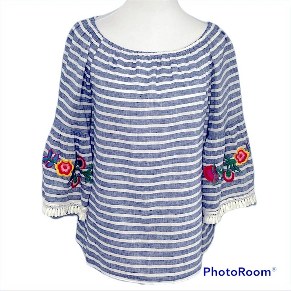 Striped Top with Floral Embroidered Bell Sleeve by Beachlunchlounge Size MED
